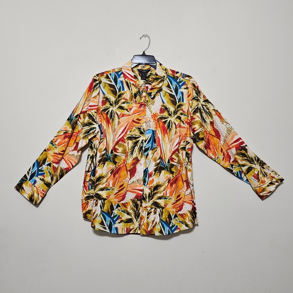 Investments Women's Shirt Blouse Plus 2X Green Multicolor Button Up Linen‎ 0801